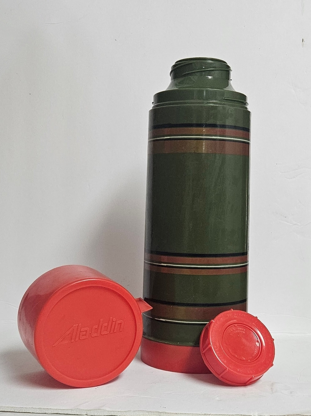Vintage Aladdin Plastic Thermos Green with Red Cup Lid, Collectible